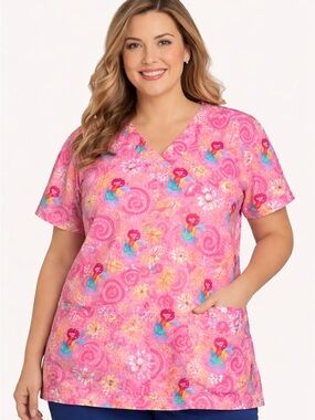 Disney Scrub Top 2X Ariel Pink Floral Little Mermaid Nurse Pediatric